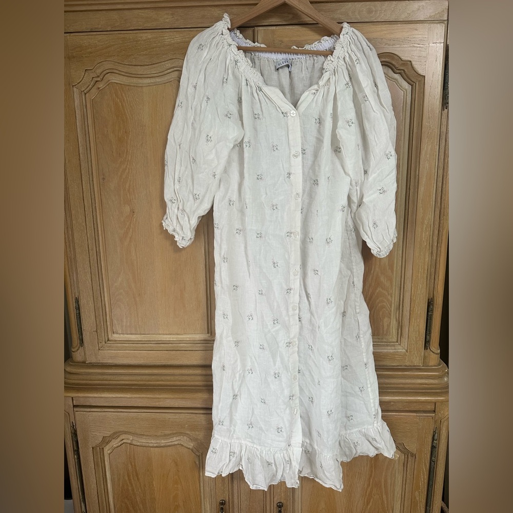 Sleeper White Puff-Sleeve Embroidered Midi Dress